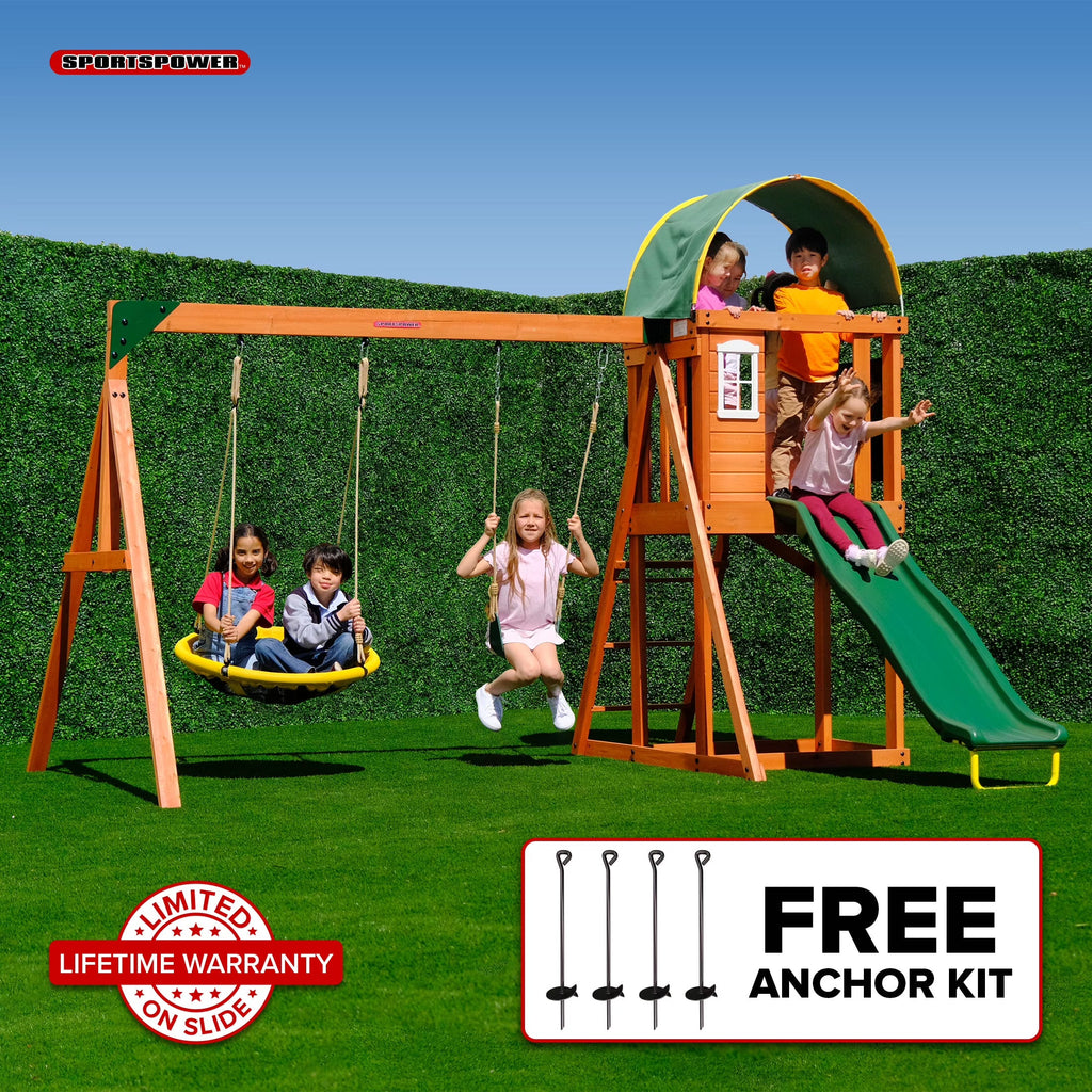 Sportspower Amelia Wooden Swing Set with 2-Person Saucer Swing, 6' Blow Molded Slide, Swing, Play Fort, Heavy Duty Double A-Frame, Lifetime Warranty on Slide