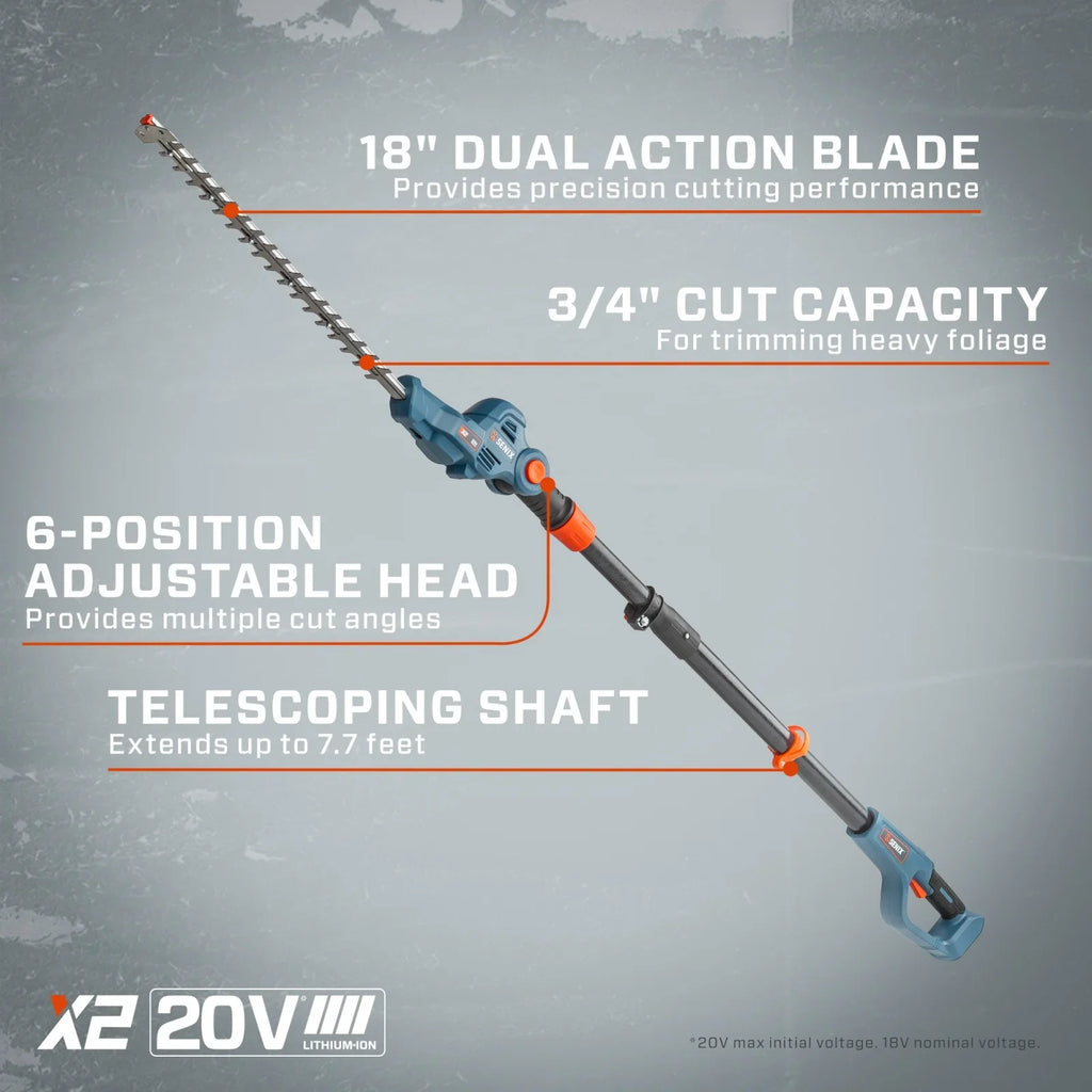 SENIX 20 Volt Max* Cordless Pole Hedge Trimmer 18-Inch Cutting / 21-inch Blade Length with Adjustable Head & Telescoping Shaft, Battery & Charger included, HTPX2-M