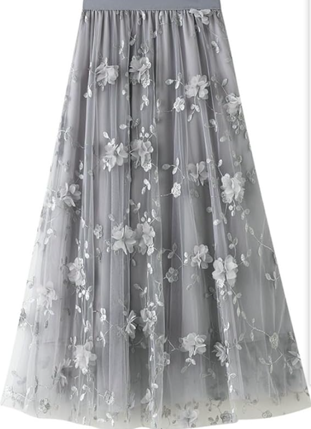 Womens Floral Midi Skirt High Waisted A Line Cute Layered Fairy Mesh Tulle Pleated