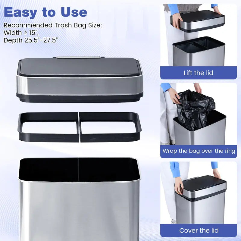 16-Gallon Dual-Compartment Automatic Trash Can with Stainless Steel Finish and Motion Sensor