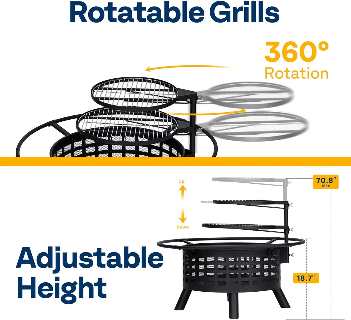 SPECSTAR 3 - in - 1 Fire Pit35 in Wood Burning Firepits with Cooking Grill Grate & Charcoal Pan & Cover Lid, Metal Table for Backyard Bonfire BBQ Outdoor Camping Picnic