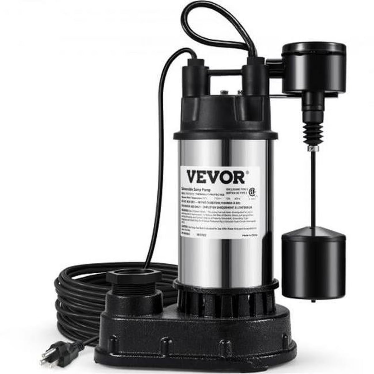 VEVOR Sump Pump, 1.5 HP 6000 GPH, Submersible Cast Iron and Stainless Steel Water Pump, 1 - 1/2" Discharge with 1 - 1/4" Adaptor, Automatic Vertical Float Switch, for Indoor Basement Water Basin