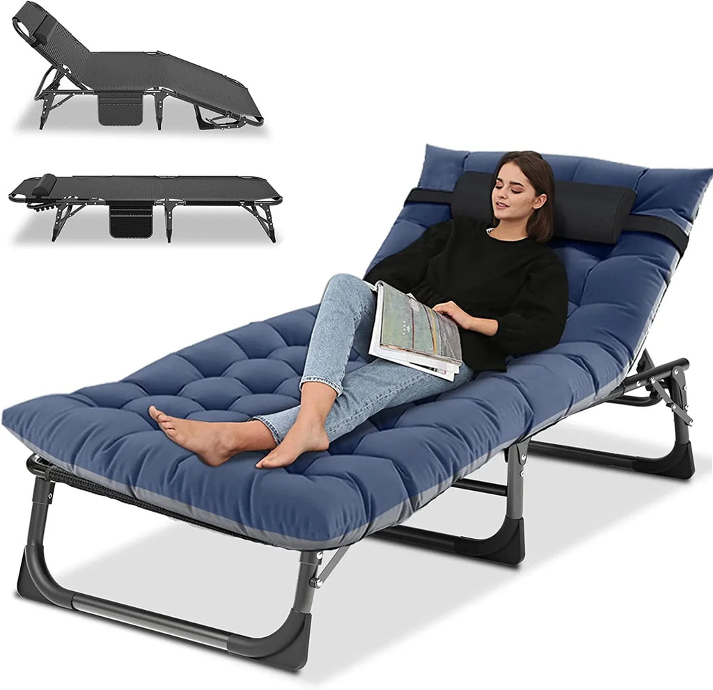 Slsy 4-Fold Folding Camping Cot with 2 Sided Mattress & Pillow, Adjustable 5-Position Folding Lounge Chair, Folding Sleeping Cots