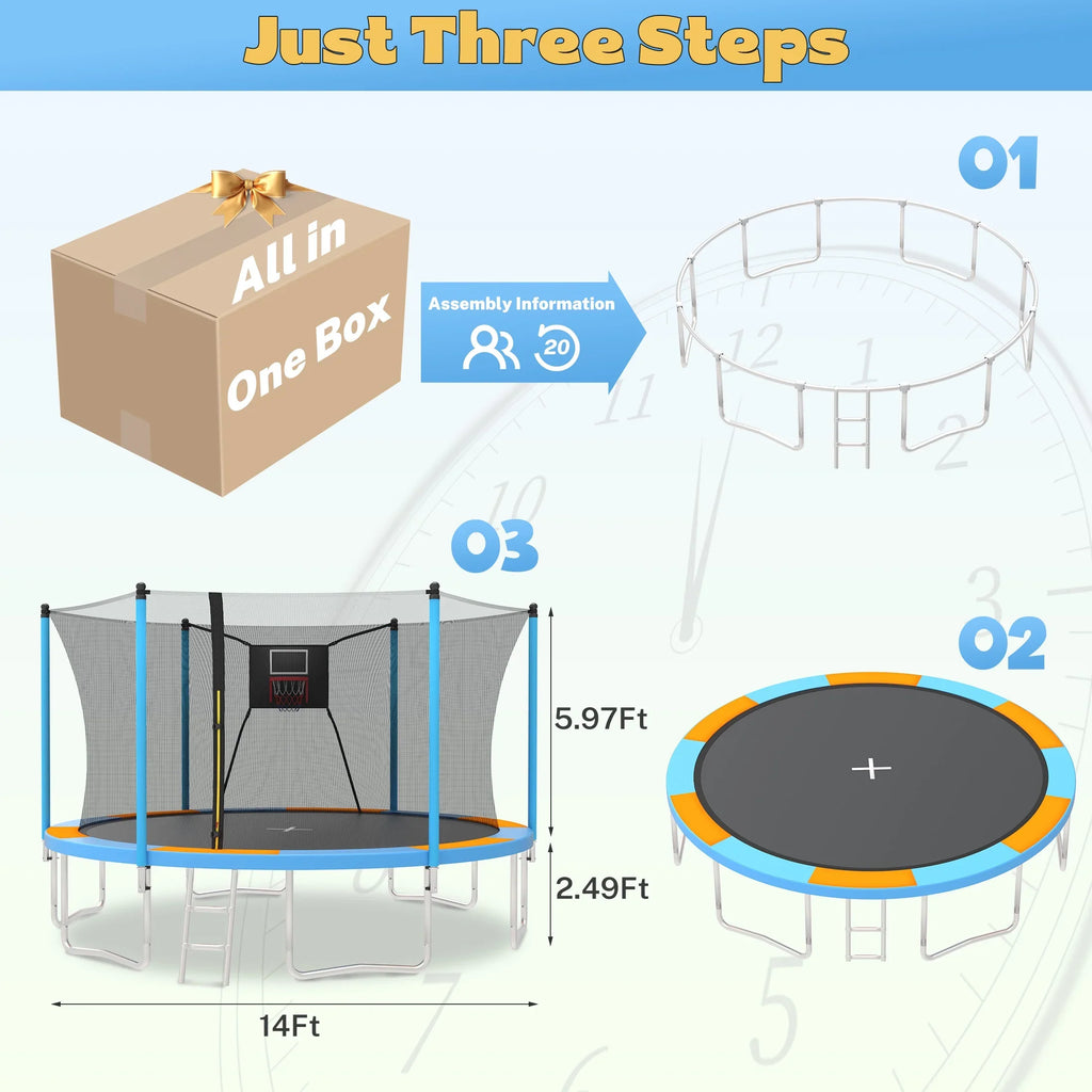 SHINPT 14ft Trampoline for Kids, Outdoor Trampoline with Net, Big Trampoline with Basketball Hoop and Ladder, Heavy Duty Trampoline with No-gap Design, Backyard Trampolines for Adult