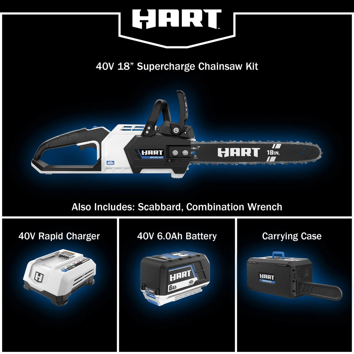 HART Cordless 40 - Volt SUPERCHARGE Brushless 18 - Inch Chainsaw, (1) 6.0ah Lithium - Ion Battery