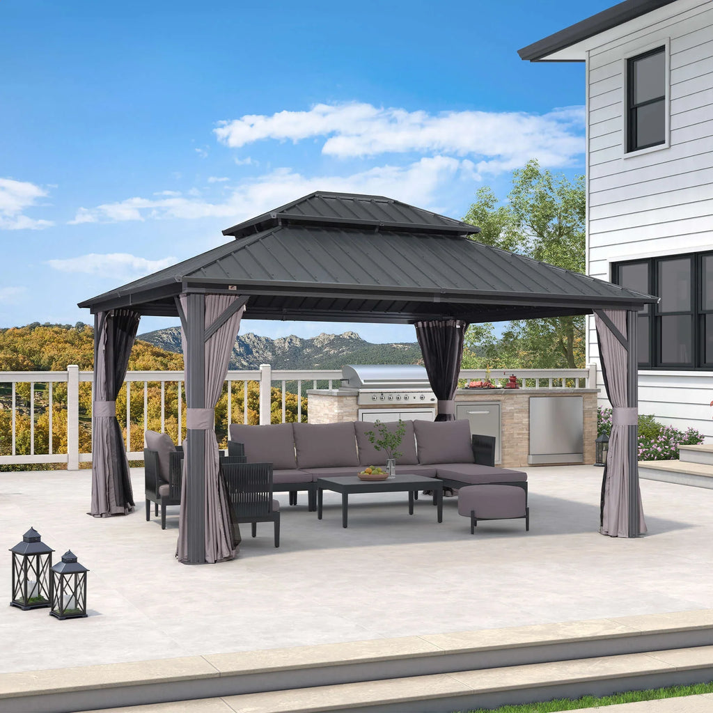 PURPLE LEAF 8' X 8' Gazebo Outdoor Gazebo Permanent Hardtop Gazebo with Galvanized Steel Double Roof for Patio Backyard Deck Aluminum Gazebo with Netting and Curtains Grey