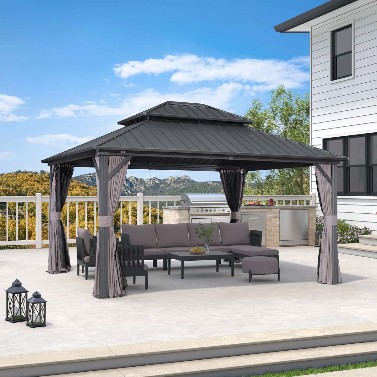 PURPLE LEAF 8' X 8' Gazebo Outdoor Gazebo Permanent Hardtop Gazebo with Galvanized Steel Double Roof for Patio Backyard Deck Aluminum Gazebo with Netting and Curtains Grey