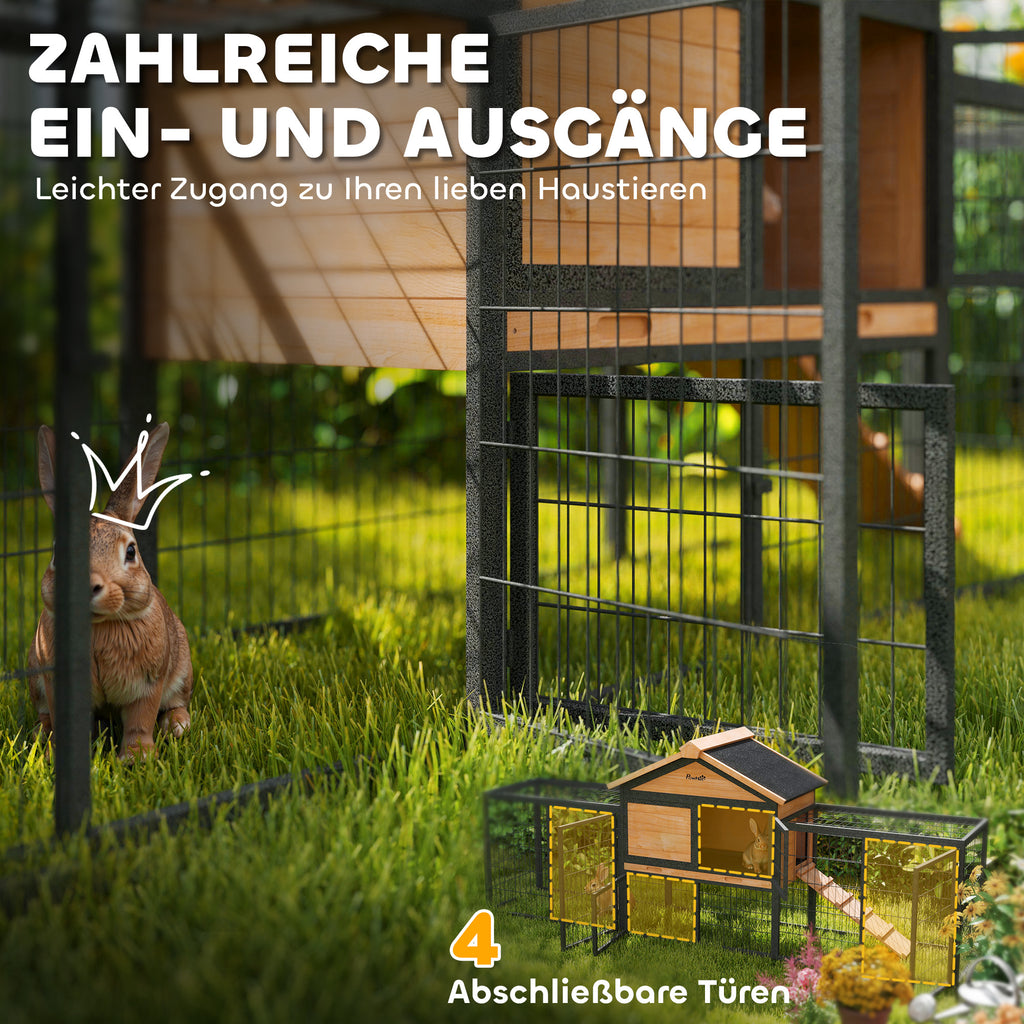 PawHut Hasenstall 2 Ebenen Kaninchenstall aus Vollholz Winterfest Doppelstockhaus mit Freilaufgehege 217x53x86 cm Gelb