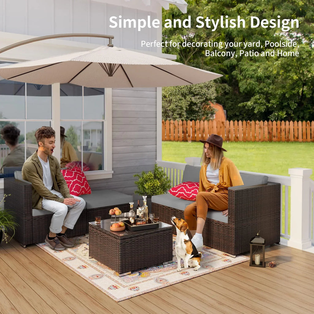 Patio Furniture Set Clearance, Lofka 5 Pieces Patio Conversation Set with Sofas and Tempered Glass Coffee Table for Outdoor Garden Gray