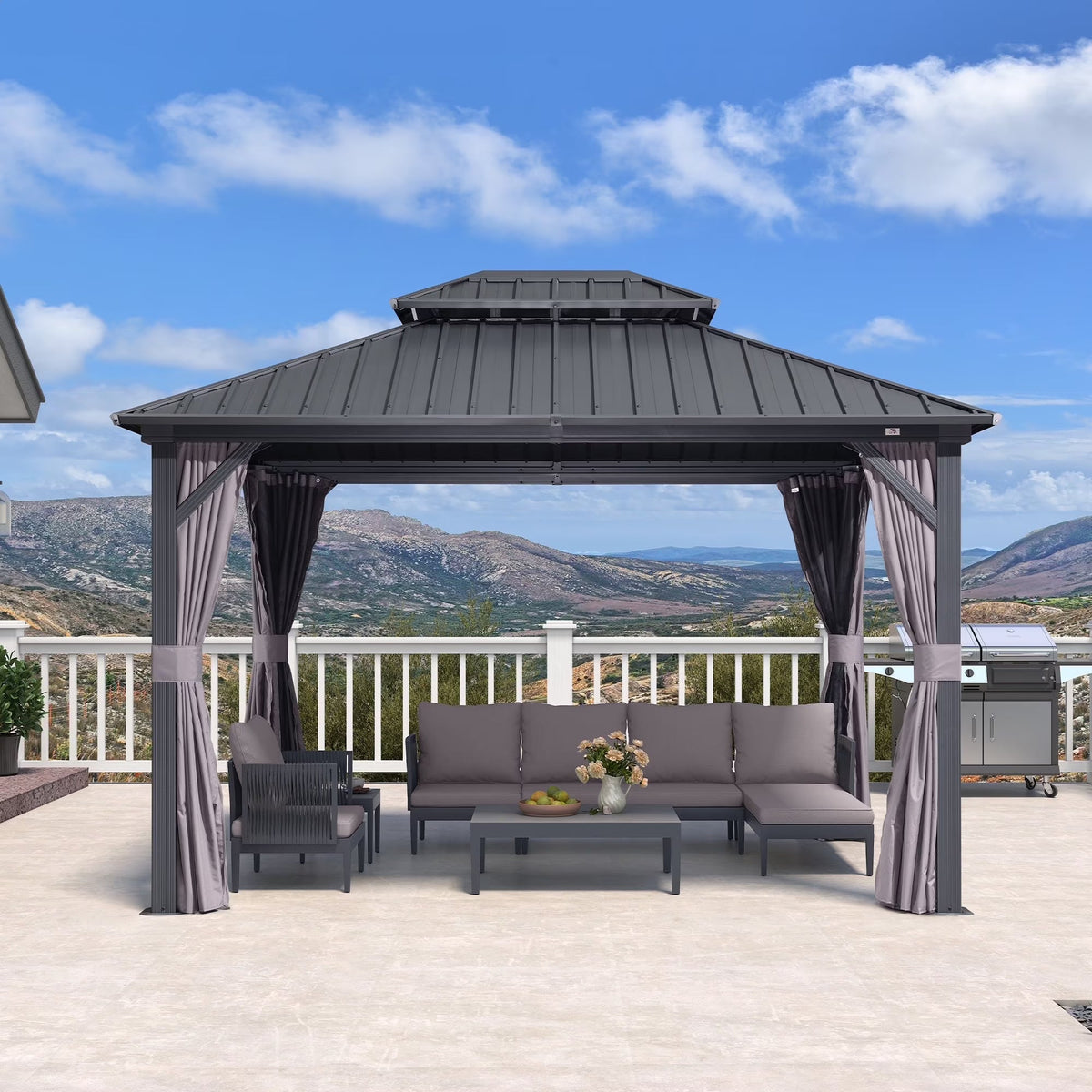 PURPLE LEAF 8' X 8' Gazebo Outdoor Gazebo Permanent Hardtop Gazebo with Galvanized Steel Double Roof for Patio Backyard Deck Aluminum Gazebo with Netting and Curtains Grey