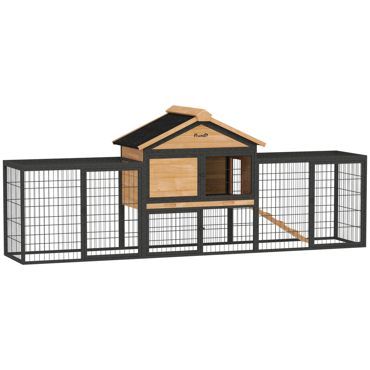 PawHut Hasenstall 2 Ebenen Kaninchenstall aus Vollholz Winterfest Doppelstockhaus mit Freilaufgehege 217x53x86 cm Gelb