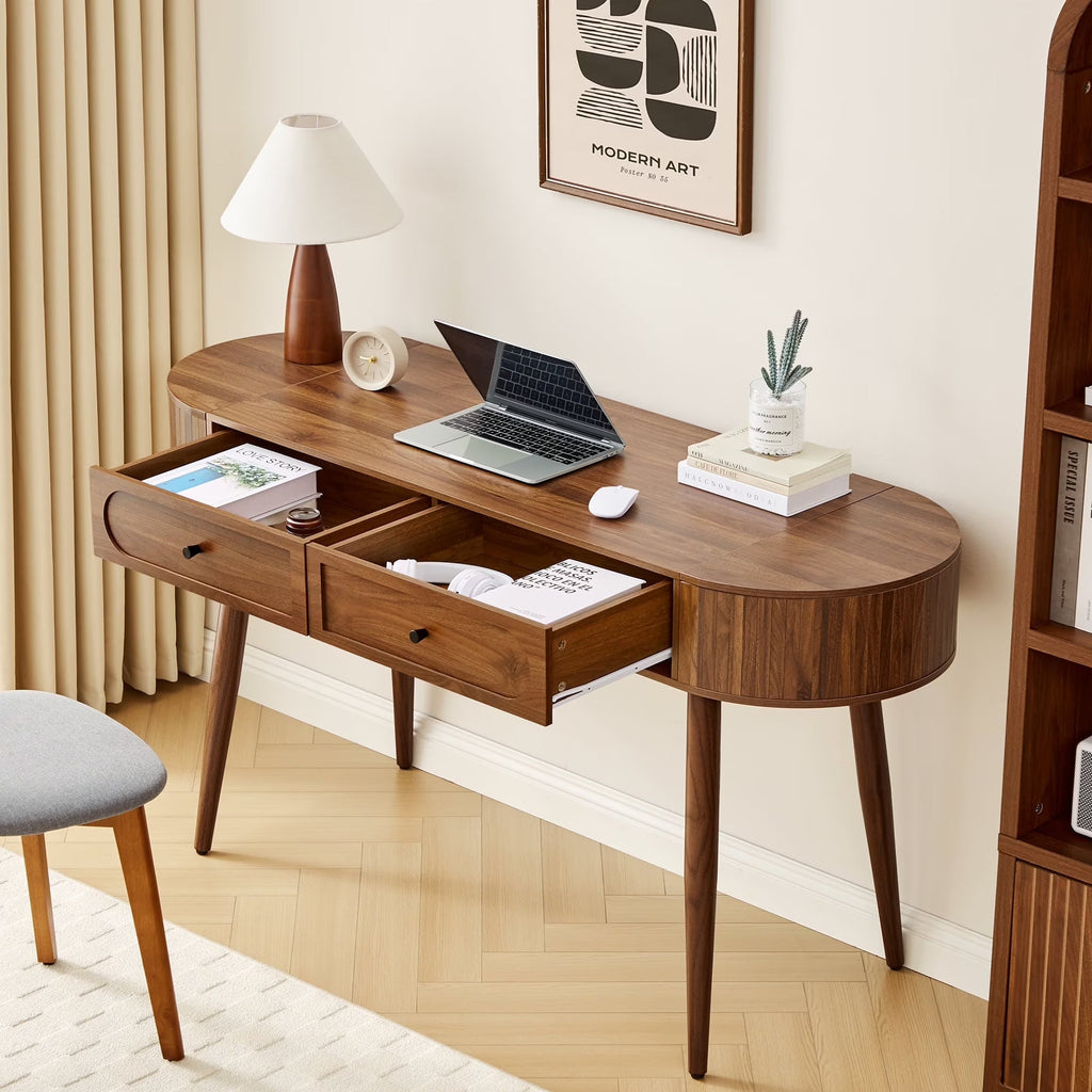 YOCWO Modern Home Office Desk with  2 Drawers and 2 Fflip-top Storage, Oval Computer PC Desk Table, Vanity Desk with Fluted Curved Table Edge, Walnut