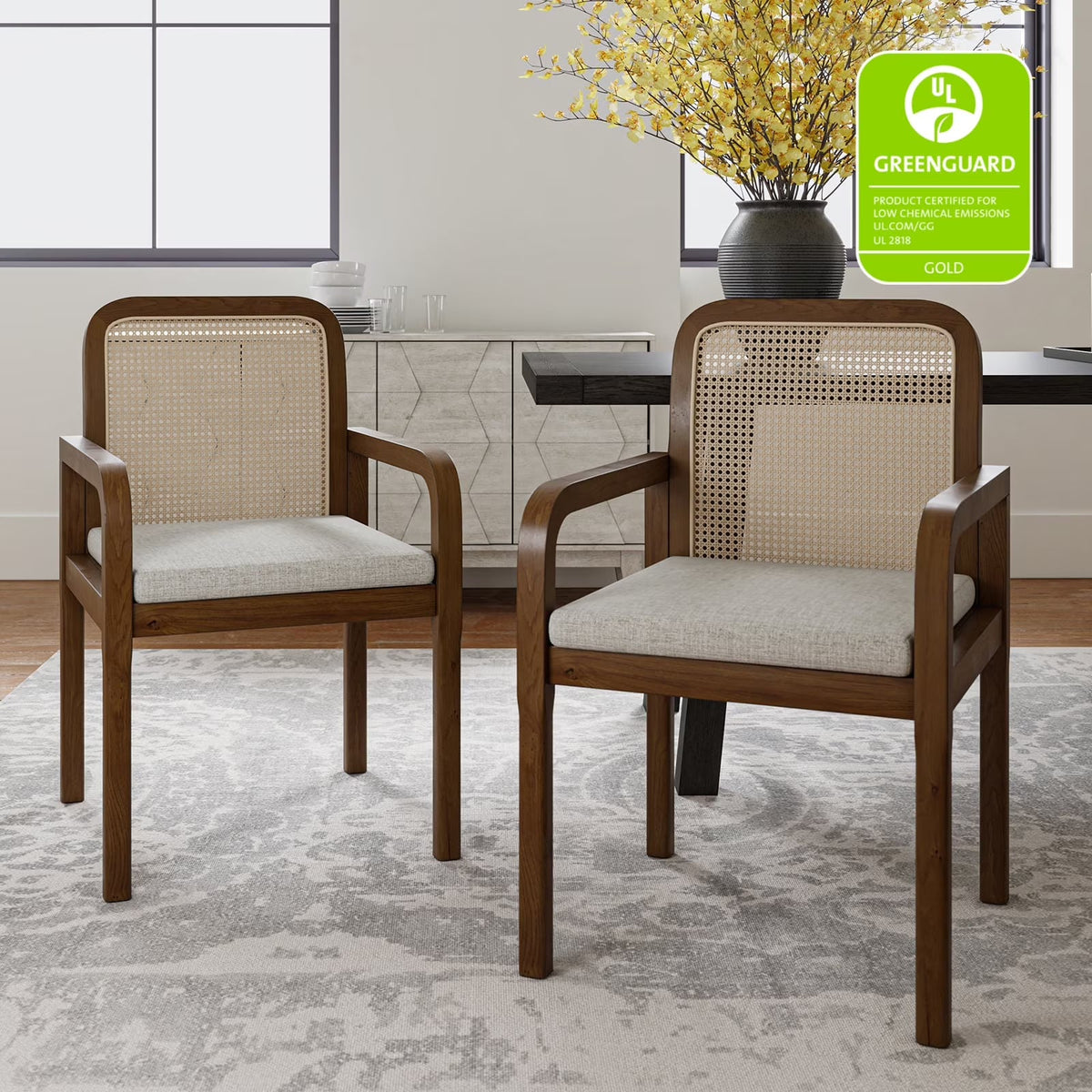 Rattan Dining Chairs Set of 2 Wooden Armchairs Removable Cushion Home Kitchen Restaurant Acorn