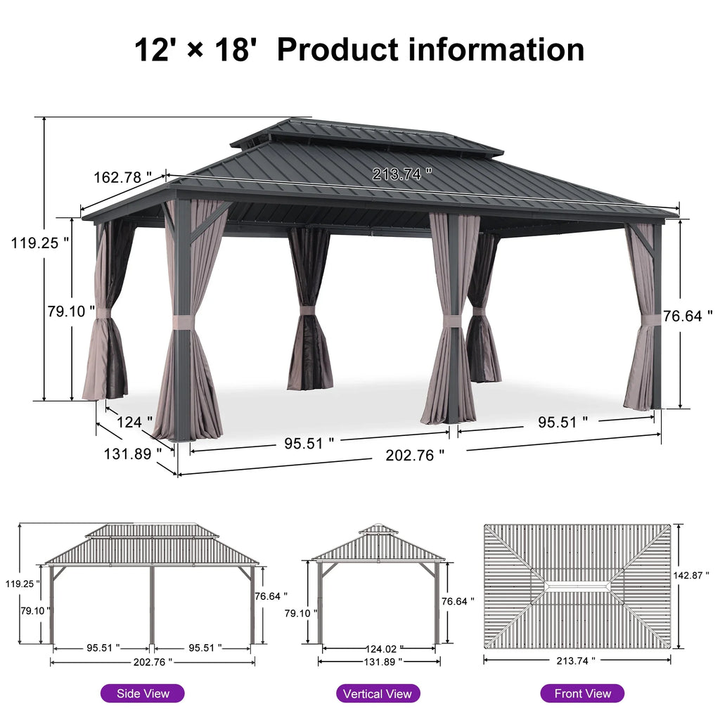 PURPLE LEAF 8' X 8' Gazebo Outdoor Gazebo Permanent Hardtop Gazebo with Galvanized Steel Double Roof for Patio Backyard Deck Aluminum Gazebo with Netting and Curtains Grey