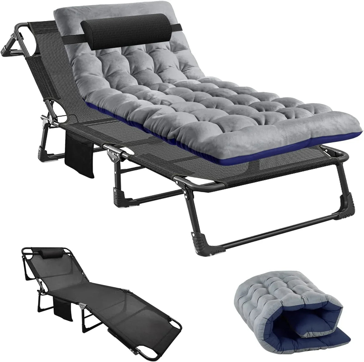 Slsy 4-Fold Folding Camping Cot with 2 Sided Mattress & Pillow, Adjustable 5-Position Folding Lounge Chair, Folding Sleeping Cots