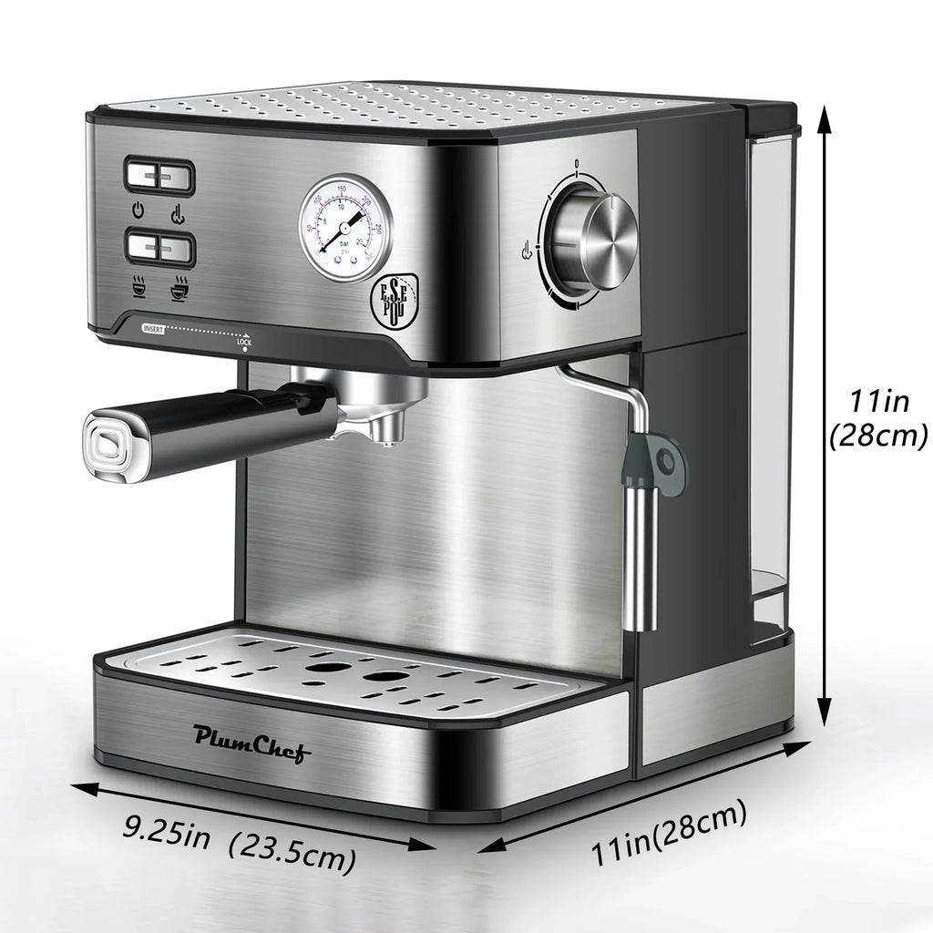 Plum Chef Espresso Coffee Machine, 20 Bar Cappuccino Latte Maker Coffee Machine with ESE POD Capsules Filter&Milk Frother, 1.6L Water Tank, for Home Barista, Stainless steel, 850W