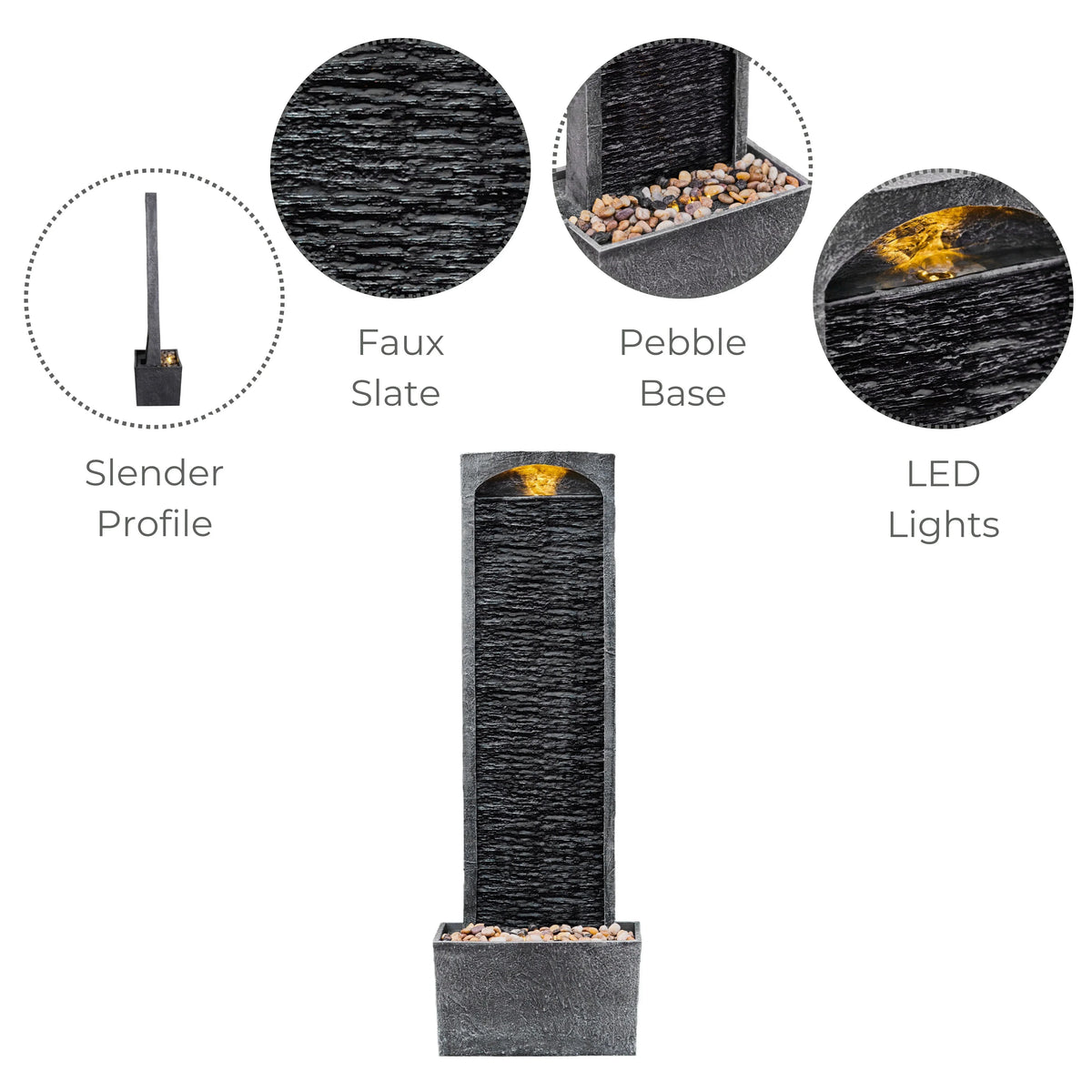 Teamson Home 38.5" Faux Slate Contemporary Outdoor LED Waterfall Fountain with Pebble Base, Red Rock