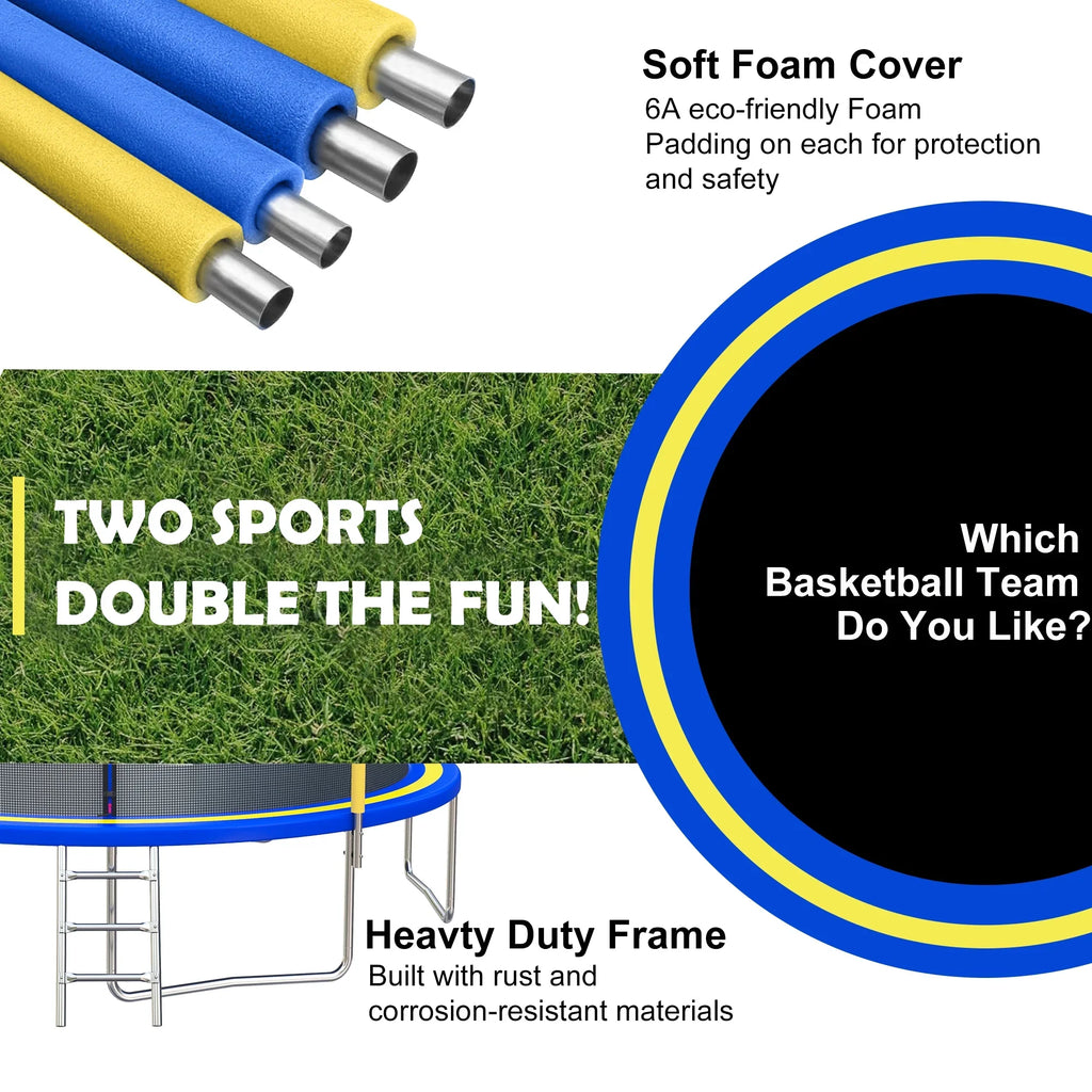 SHINPT 14ft Trampoline for Kids, Outdoor Trampoline with Net, Big Trampoline with Basketball Hoop and Ladder, Heavy Duty Trampoline with No-gap Design, Backyard Trampolines for Adult