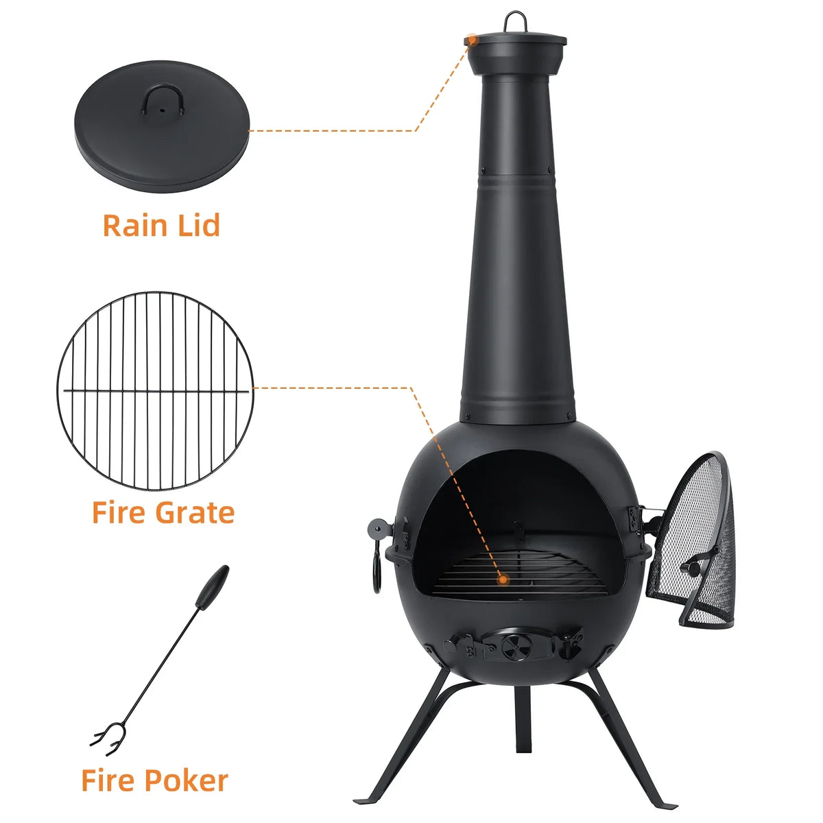 SinglyFire Chiminea Outdoor Fireplace Wood Burning Chimenea Metal Cast Iron Fire Pit with Cover Rain Lids for Backyard Garden Camping Patio Heater