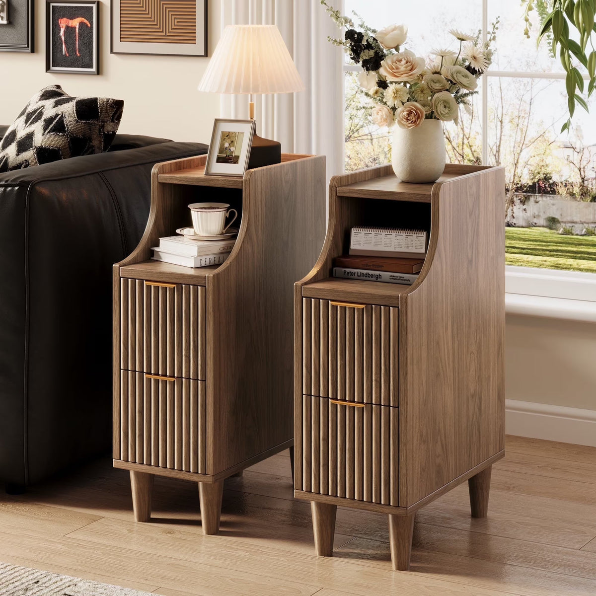 UGTOO 24.4"Tall Walnut Finish 2PC Bedside Table Set with 2 Large Drawers & Top Storage Space Open Shelf, Sturdy Wood Legs, Vintage Cabinet Nightstand for Bedroom with Metal Handle