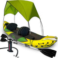 2-Person Inflatable Kayak with Removable Sun Canopy – Includes Dog/Child Seat, Waterproof Phone Pouches, Adjustable Backrests, and 2024 Upgrades (Yellow-Green)