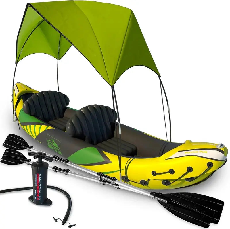 2-Person Inflatable Kayak with Removable Sun Canopy – Includes Dog/Child Seat, Waterproof Phone Pouches, Adjustable Backrests, and 2024 Upgrades (Yellow-Green)