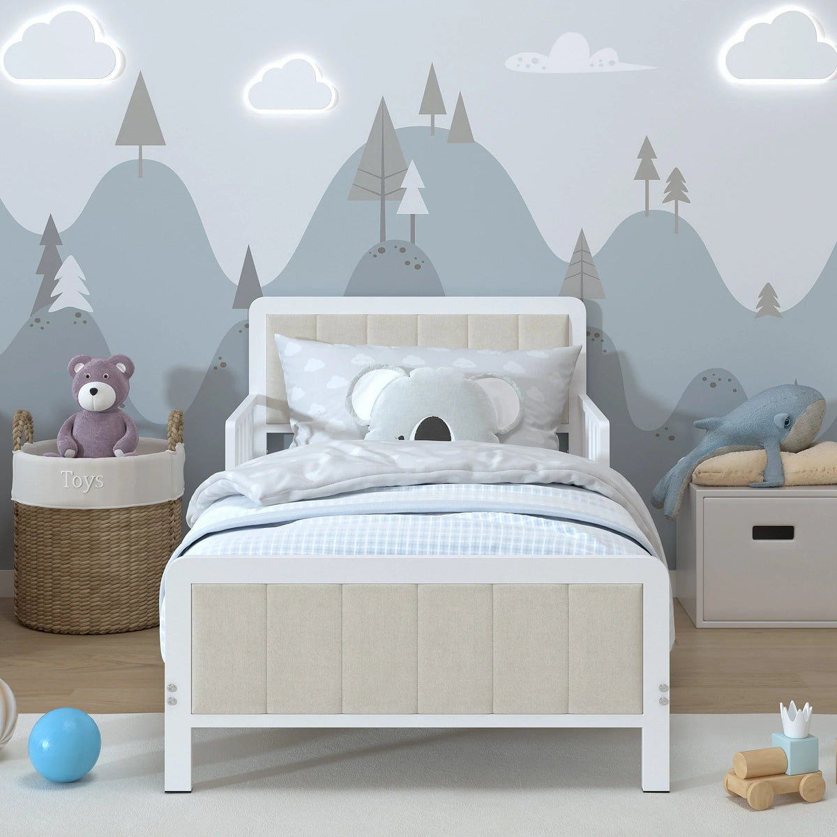 Yoneston Toddler Metal Platform Bed Frame with Guardrails, Children Crib Upholstered Bed Frame for Boys, Girls, Toddler �?White