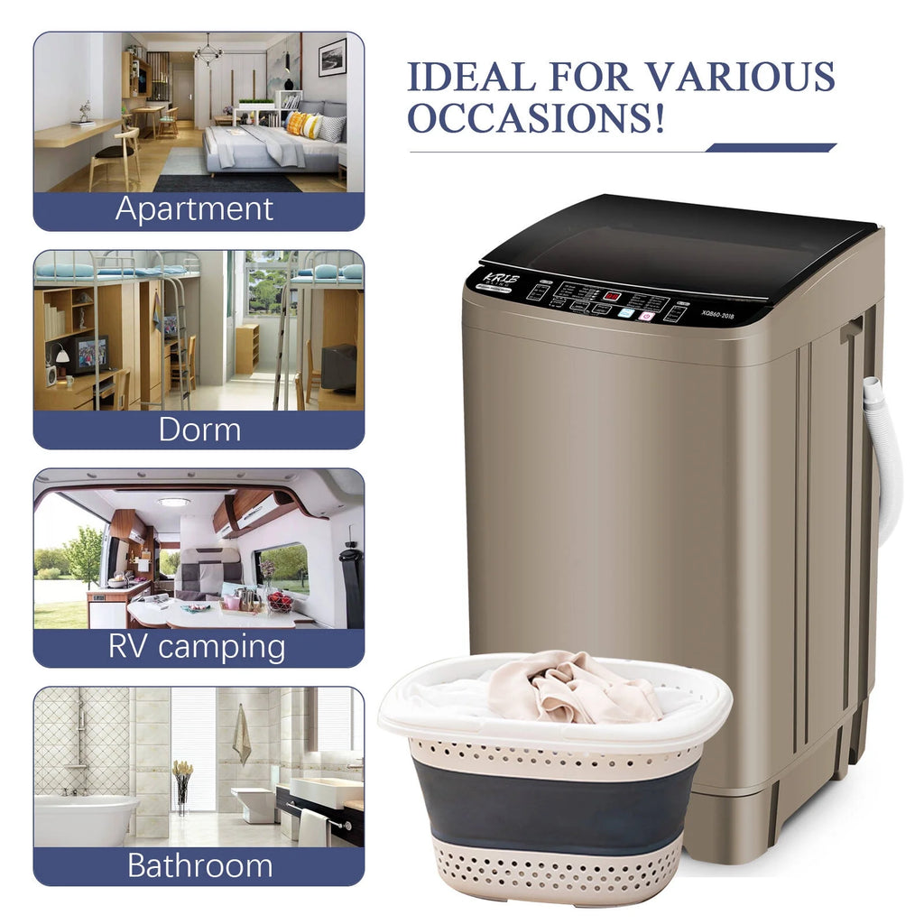 Krib B Full Automatic Washing Machine with Drain Pipe, 17.7 lb Portable Washers with 10 Programs & 8 Water Levels, Suitable for Apartment, Dorm, Grey