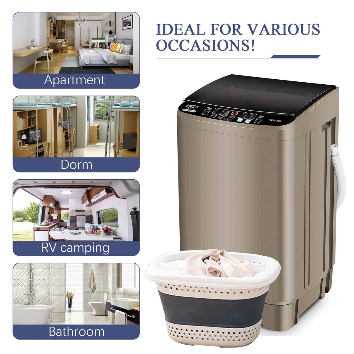 Krib B Full Automatic Washing Machine with Drain Pipe, 17.7 lb Portable Washers with 10 Programs & 8 Water Levels, Suitable for Apartment, Dorm, Grey