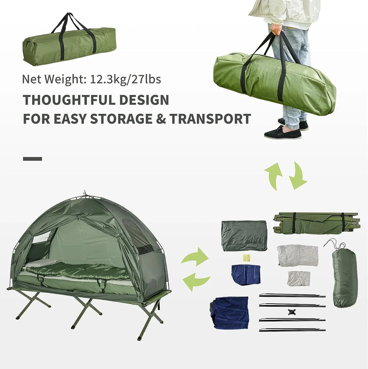 Outsunny Multifunctional Folding Camping Cots for Adults, Elevated Tent with Sleeping Bag, Thick Air Mattress Pad, Portable Single Sleeping Cot Camping Bed