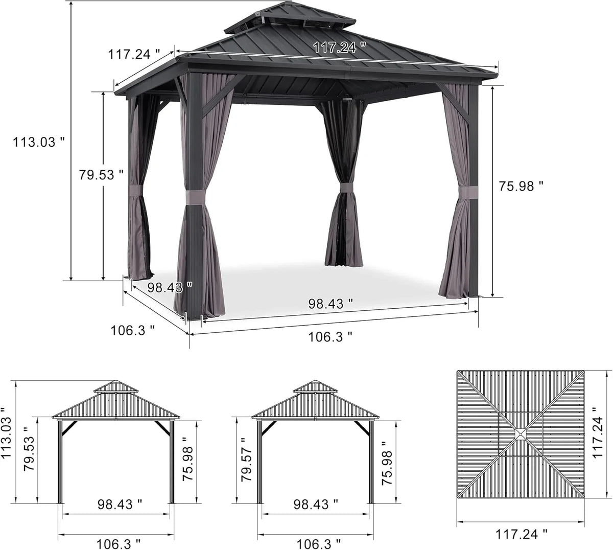 PURPLE LEAF 8' X 8' Gazebo Outdoor Gazebo Permanent Hardtop Gazebo with Galvanized Steel Double Roof for Patio Backyard Deck Aluminum Gazebo with Netting and Curtains Grey