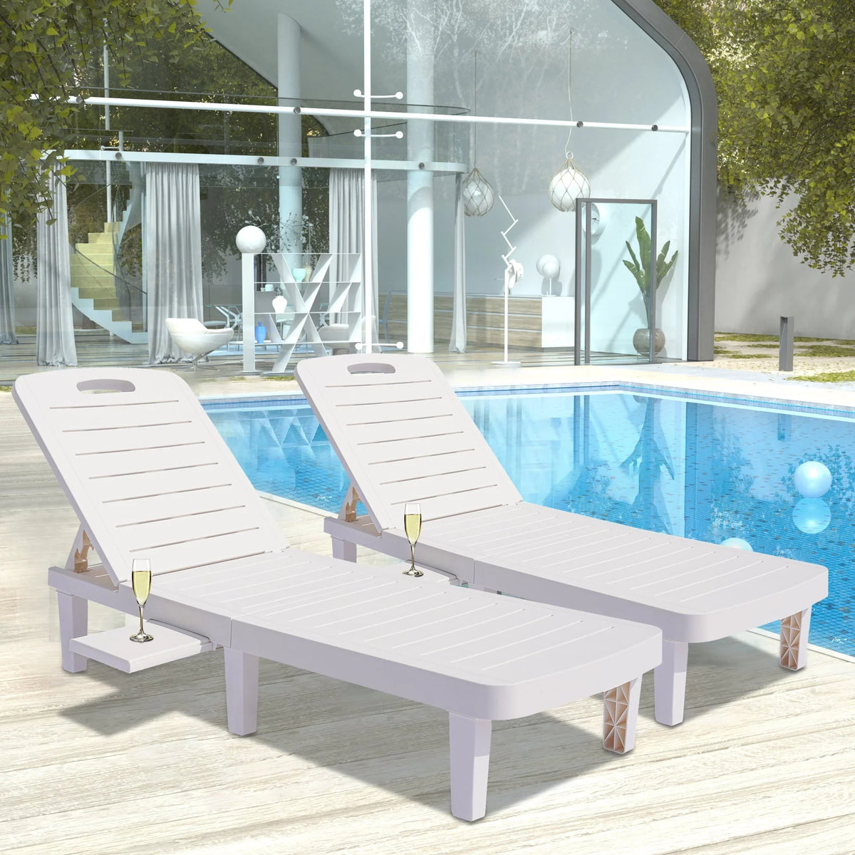 Patio Lounge Chair Set of 2, Adjustable Chaise with Side Table, Outdoor Lounger Recliner for Poolside, Patio, Backyard, Wood Texture Design | Waterproof | Easy to Assemble | Max Weight 330 lbs White