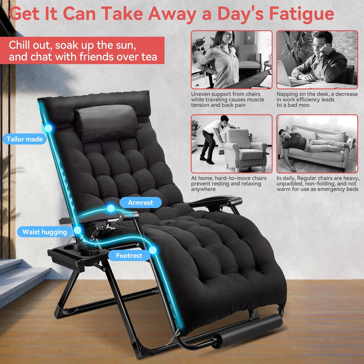 VECUKTY XXL Oversize Zero Gravity Chair - 500lb Capacity, 33-Inch Wide Padded Seat, Folding Travel Recliner for Outdoor / Indoor Use - Patio, Lawn, Black, Portable and Heavy Duty