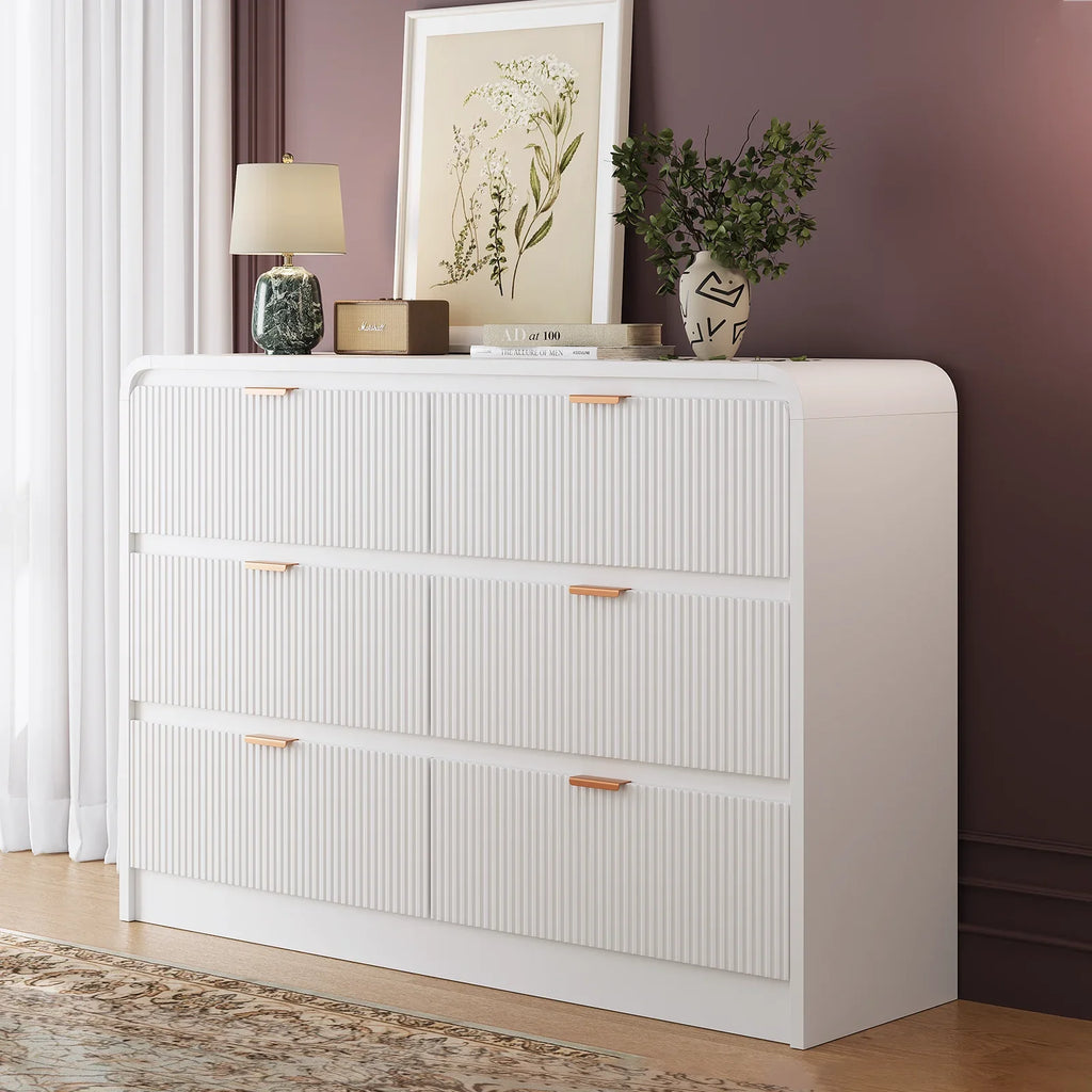 SELOOYE Fluted 5 Drawers Dresser for Bedroom, 47" Tall Modern Dresser Chest of Drawers, Black Accents, Fluted Fronts, Wood Storage Dressers Organizer for Bedroom, Living Room, Natural