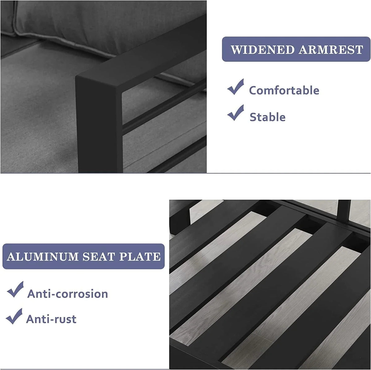 Superjoe Patio Furniture Aluminum Sofa All-Weather Outdoor 3 Seats Couch Gray Metal Chair with Dark Grey Cushions