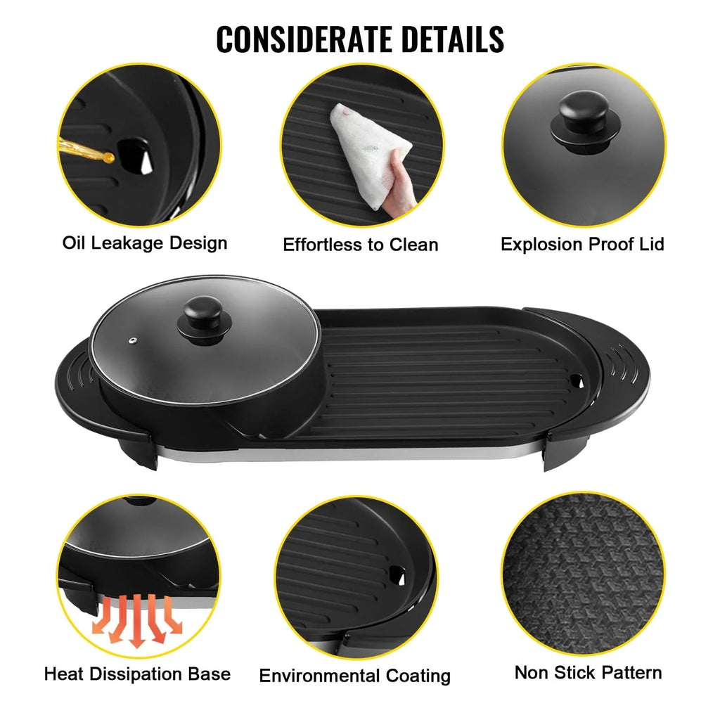 VEVOR 2 in 1 Electric Hot Pot and Grill, 2200W Separate Dual Temperature Control Electric Skillet, 5 Speed for Indoor Korean BBQ,Black