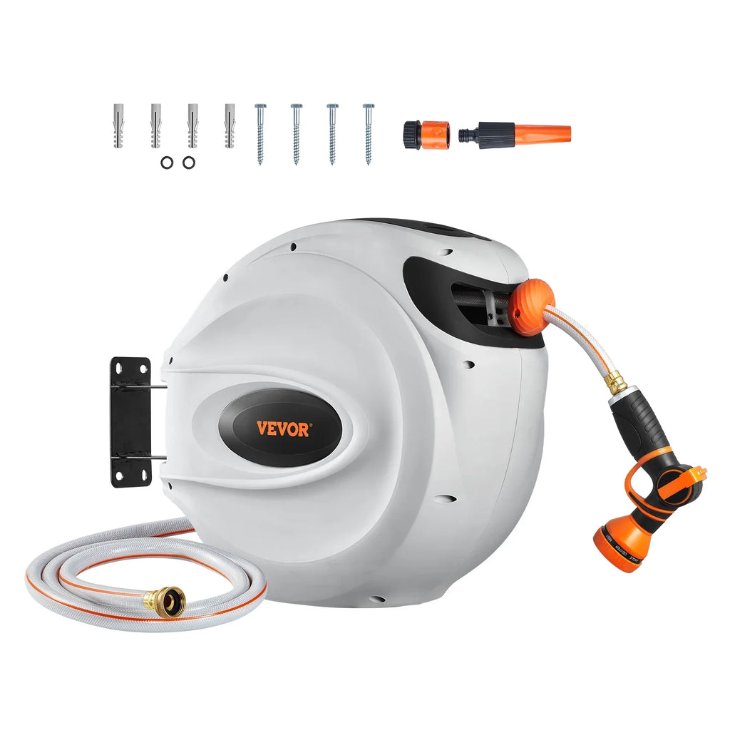 VEVOR Retractable Hose Reel, 100 ft x 1/2 inch, 180�� Swivel Bracket Wall-Mounted, Garden Water Hose Reel with 9-Pattern Nozzle, Automatic Rewind, Lock at Any Length, and Slow Return System