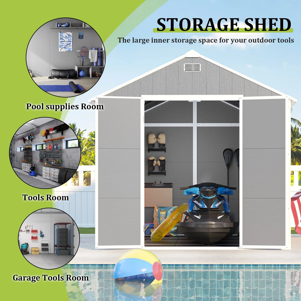 Outdoor Shed & Storage, Seizeen All-Weather Plastic Sheds 82'' H, Sloped Top Garden Shed with Window, Heavy-Duty Resin Outdoor Storage W/Floor, Gray