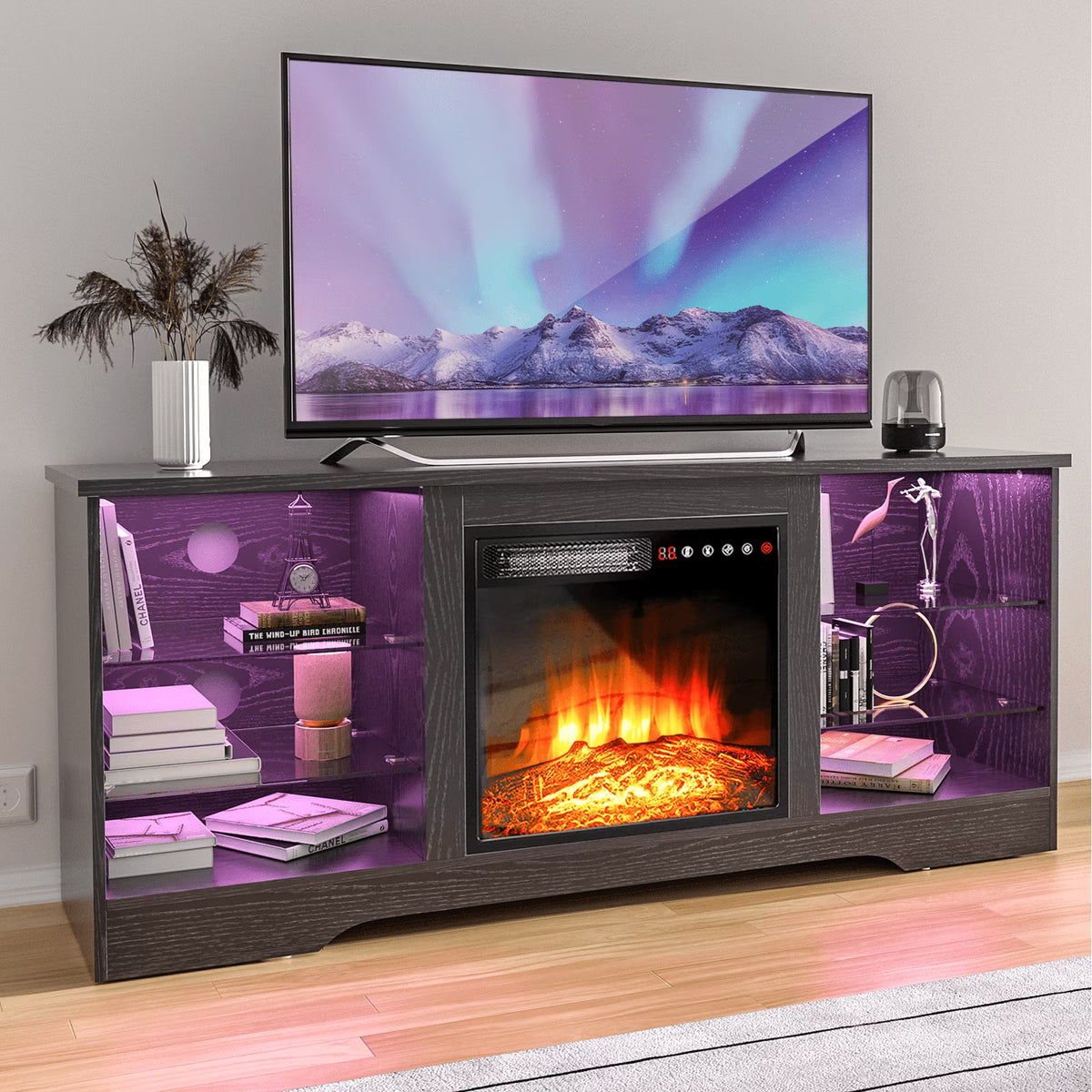 Waleaf Fireplace TV Stand with 18'' Fireplace for TVs up to 65 inch, Two Adjustable Glass Shelves