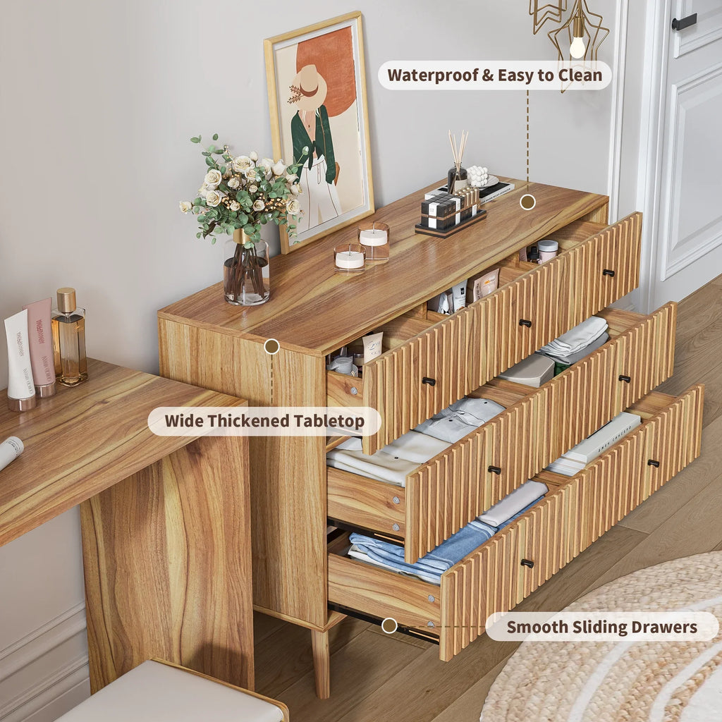 Oubayajia 7 Drawer Double Dresser, Fluted Chest of Drawers, Wood Storage Cabinet for Bedroom, Living Room, Hallway, Walnut