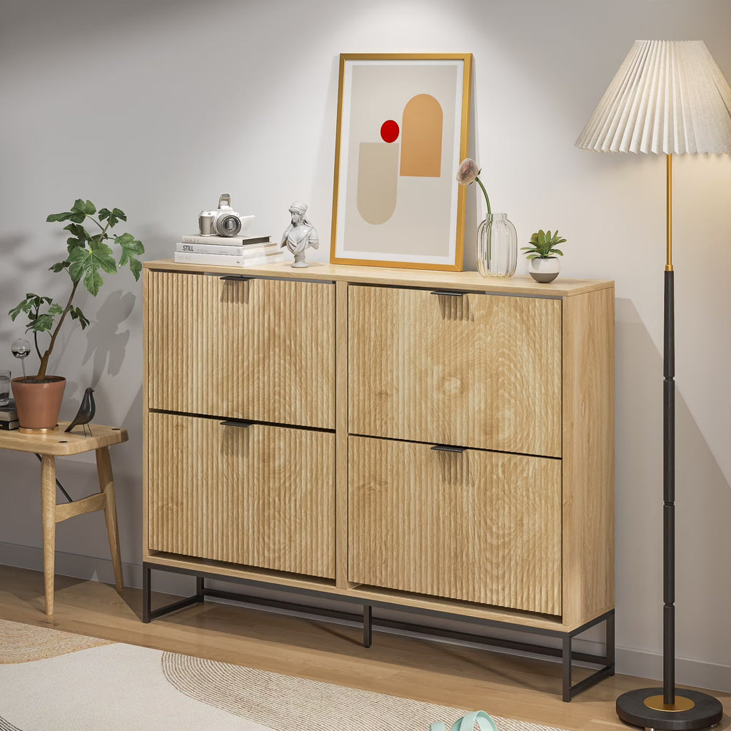 Oubayajia Modern Shoe Storage Cabinet, Wood Shoe Rack Organizer with 2 Flip Drawers, Freestanding Narrow Shoe Cabinet for Entryway Hallway, Natural