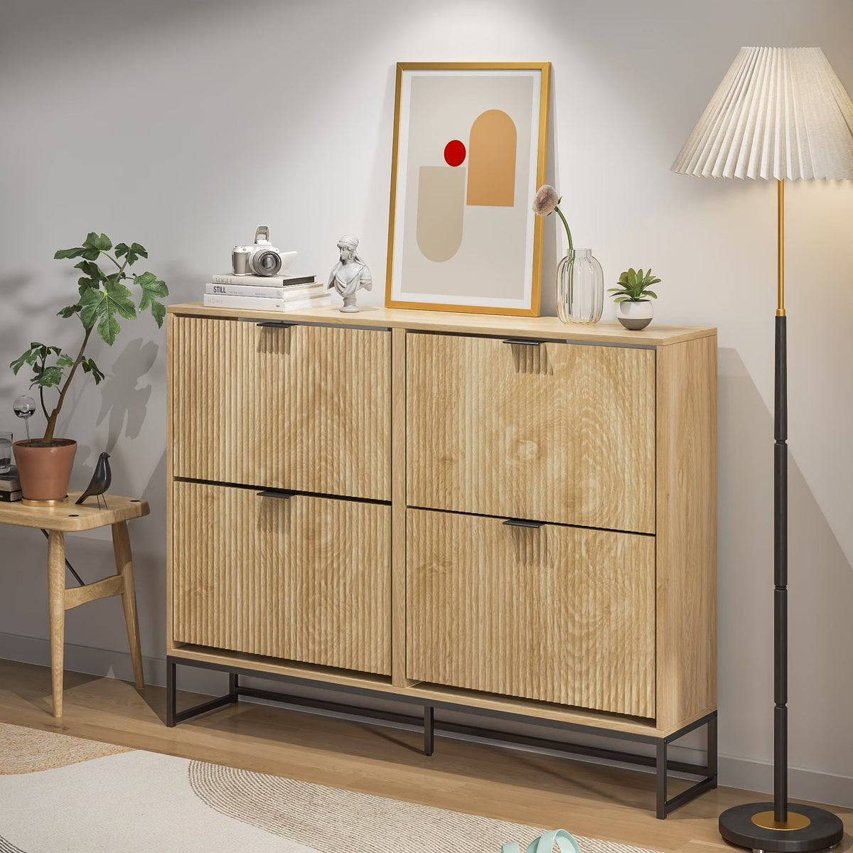 Oubayajia Modern Shoe Storage Cabinet, Wood Shoe Rack Organizer with 2 Flip Drawers, Freestanding Narrow Shoe Cabinet for Entryway Hallway, Natural