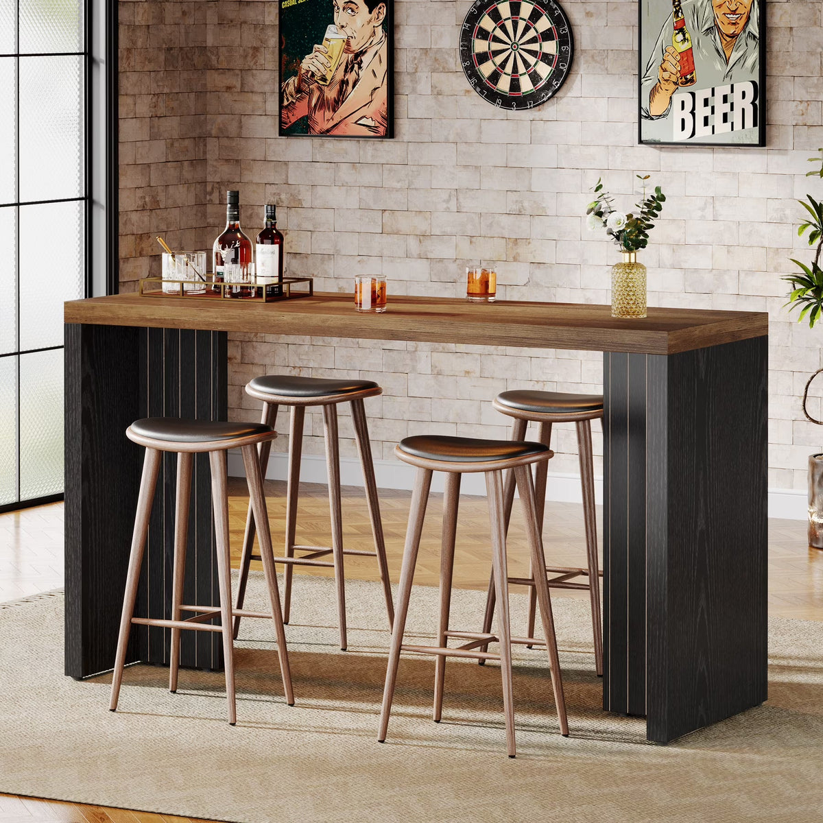Tribesigns 55.12-Inch Bar Table, Home Bar Unit with a Faux Marble Finished Tabletop, Modern Freestanding Mini Bar for Home Kitchen, Living Room, Balcony, Basement, Walnut & White