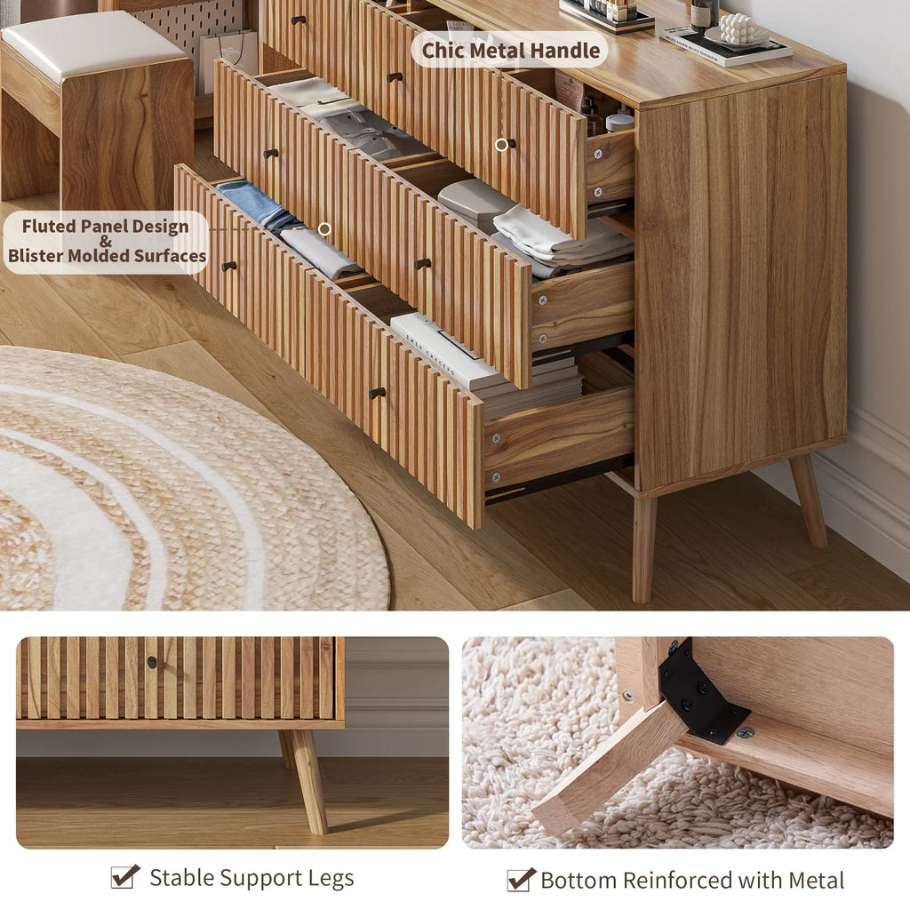 Oubayajia 7 Drawer Double Dresser, Fluted Chest of Drawers, Wood Storage Cabinet for Bedroom, Living Room, Hallway, Walnut
