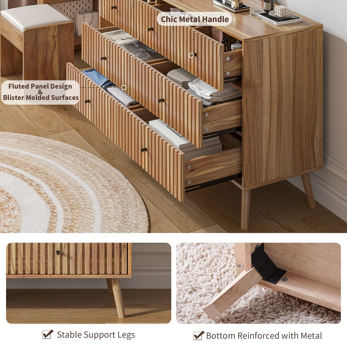 Oubayajia 7 Drawer Double Dresser, Fluted Chest of Drawers, Wood Storage Cabinet for Bedroom, Living Room, Hallway, Walnut