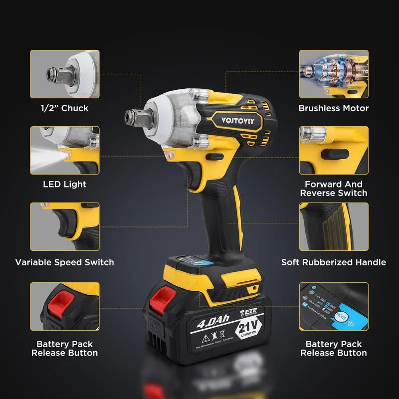 21V Brushless Cordless Impact Wrench 1/2″ with 2x 4.0Ah Batteries, 5 Sockets, 7 Drill Bits – Yellow