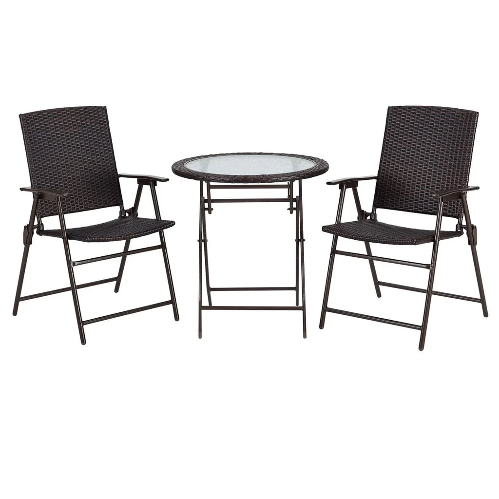 Ulax Furniture 3 Pieces Wicker Folding Bistro Set, Balcony Table and Chairs Sets, Garden Backyard Furniture