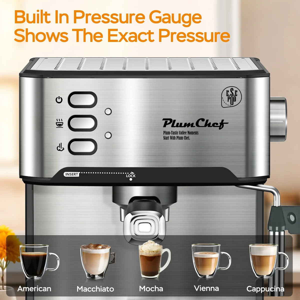Plum Chef Espresso Machine, 20 Bar Coffee Maker with Foaming Milk Frother Wand, Espresso & Cappuccino Latte Maker Coffee Machine, 850W, 1.6L Removable Water Tank, Black&Silver
