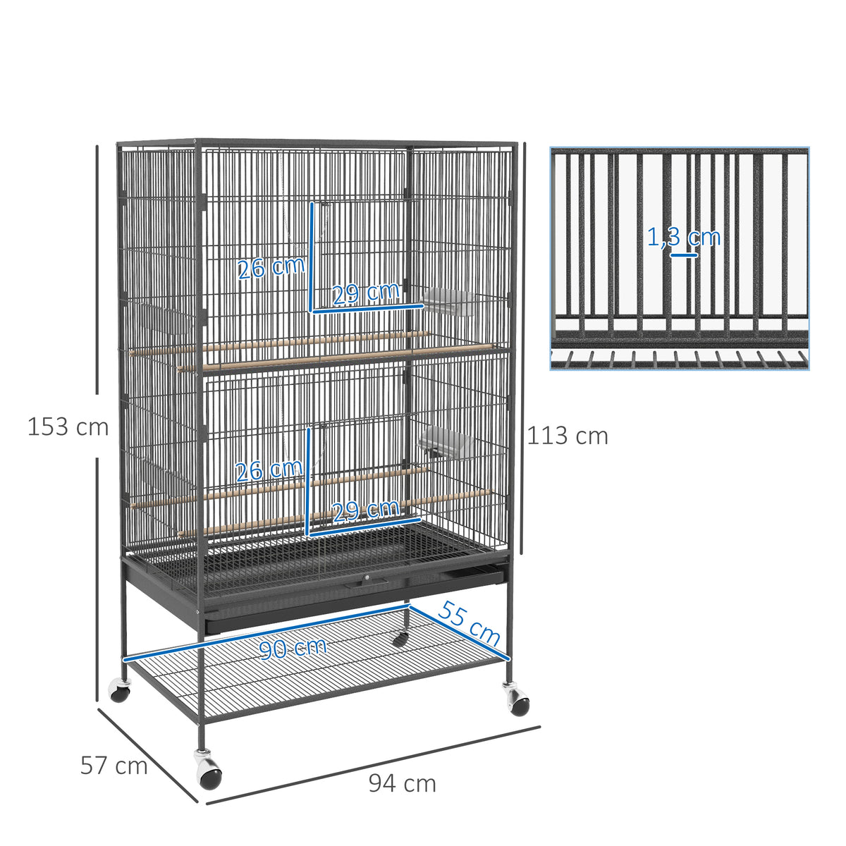 PawHut Vogelkäfig inklusive Sitzstangen, Vogelspielzeug, herausnehmbare Bodenwanne, 1 Ablage, Grau