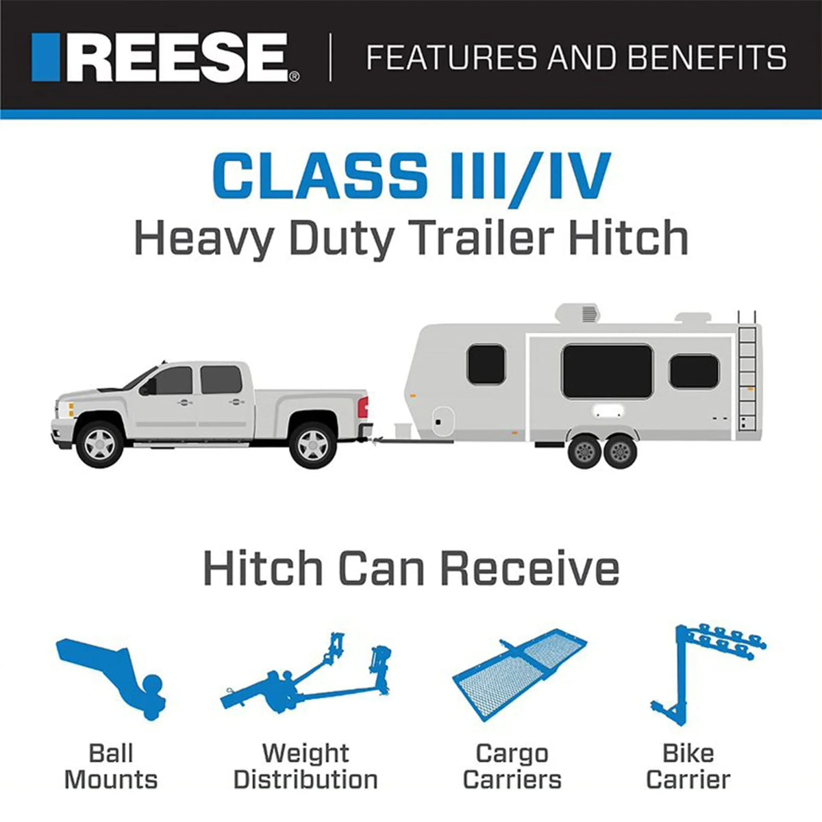 Reese Towpower Class III Trailer Tow Hitch w/ 2 In Receiver Tube
